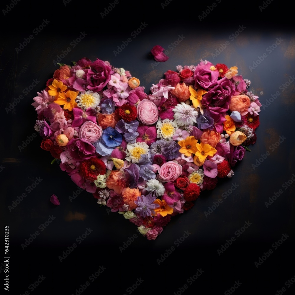 A heart-shaped formation of petals from different types of flowers, creating a beautiful mosaic A heart-shaped formation of petals from different types of flowers, creating a beautiful mosaic