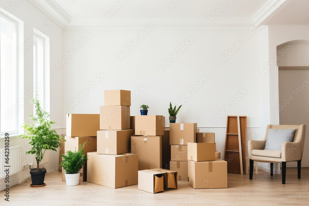 Boxes with things in his new house after moving. Unpacking boxes after moving into a new apartment. New homeowners. Mortgage. Rental of property. Boxes with things in his new house after moving. Unpacking boxes after moving into a new apartment. New homeowners. Mortgage. Rental of property.