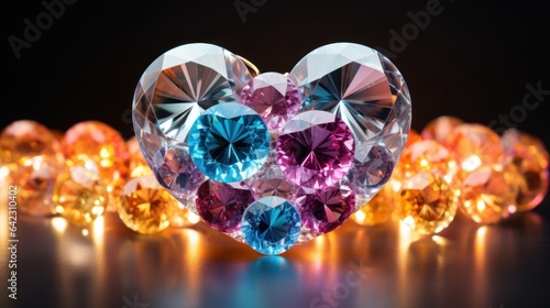 A heart-shaped formation of rainbow-colored gemstones  sparkling under soft lighting
