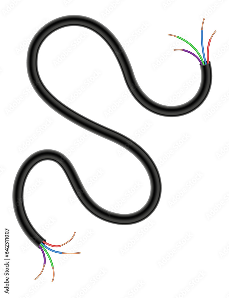 Broken electrical copper wire or cord. Damaged electric power cable. Torn wire with bare wire. Danger electric problem. Color electricity cable. Vector illustration isolated on white background Broken electrical copper wire or cord. Damaged electric power cable. Torn wire with bare wire. Danger electric problem. Color electricity cable. Vector illustration isolated on white background
