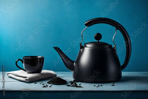 black kettle and cup of tea on the blue background.