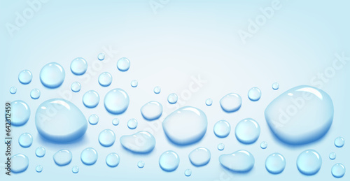 Water puddle drops set. Top view liquid splashes set  wet environment. Water spill or aqua scattered drops isolated on blue background