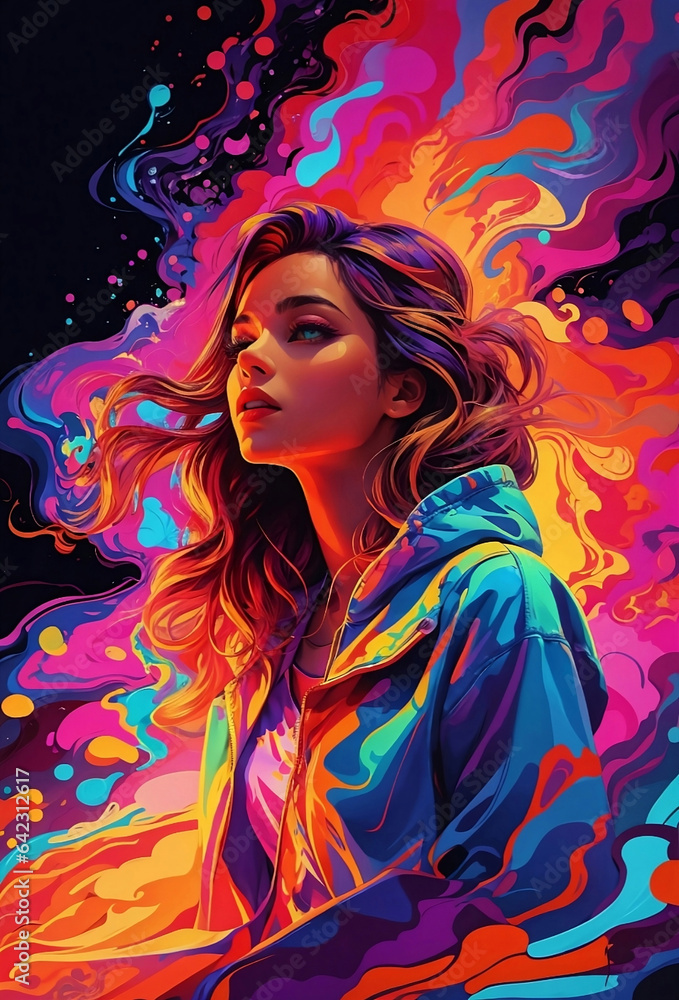 An illustration of a girl with splash colorful colors.