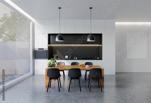 Minimal black and white kitchen with dining table. 3D illustration rendering