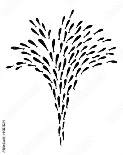 Fish school or shoal, vector silhouette. Shoal of fishes isolated on white. Sea fishes group in ocean or marine water. Illustration of colony small fish