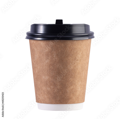 Cardboard coffe cup with black top on white background mockup