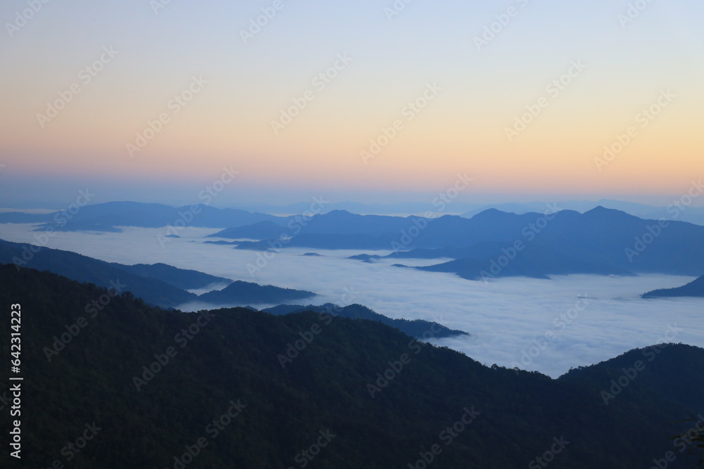 Fototapeta premium nature, landscape, sky, background, view, mist, mountain, green, mist, tree