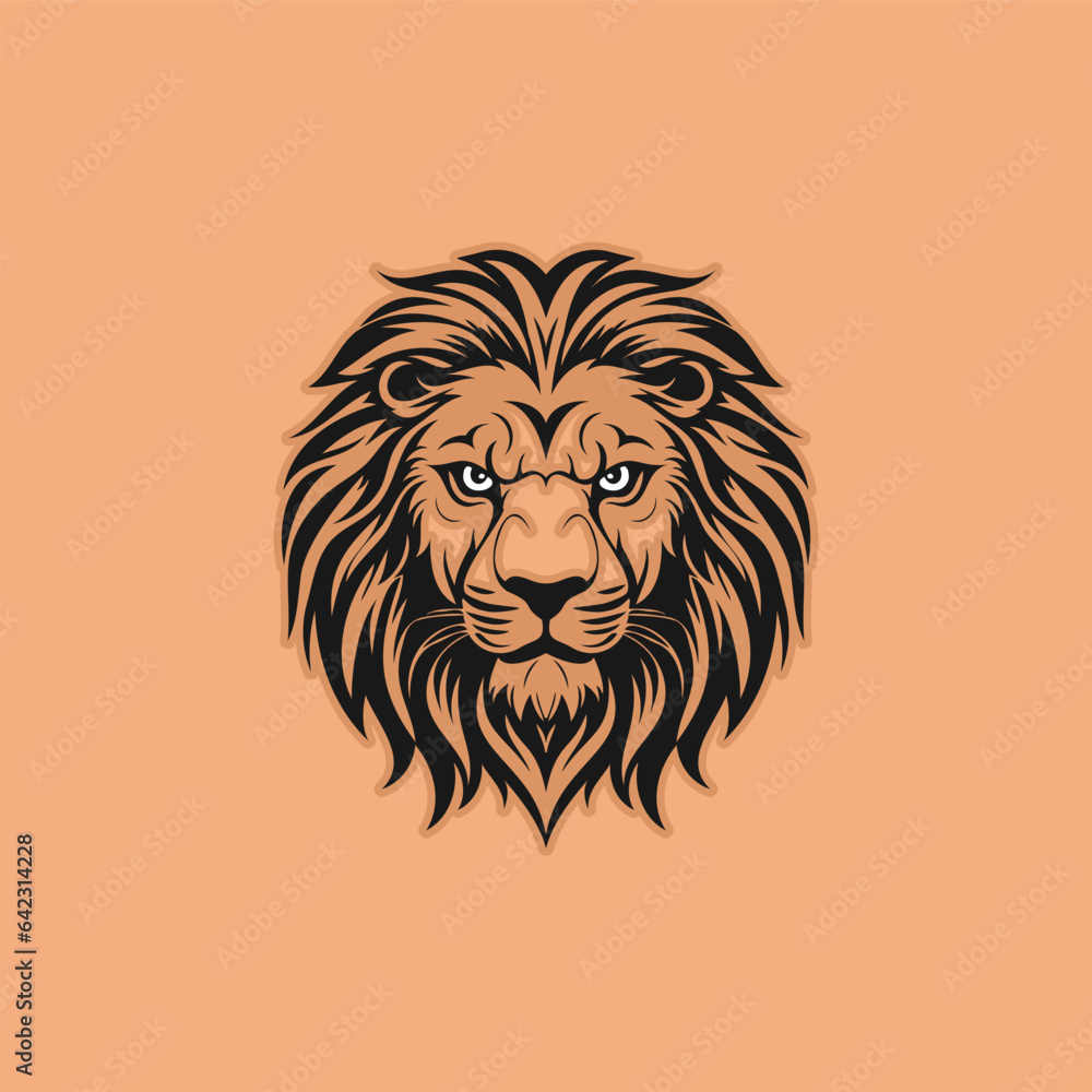 Φωτογραφία Vector graphic portrait of an angry cartoon shaggy lion with a big mane on an orange background