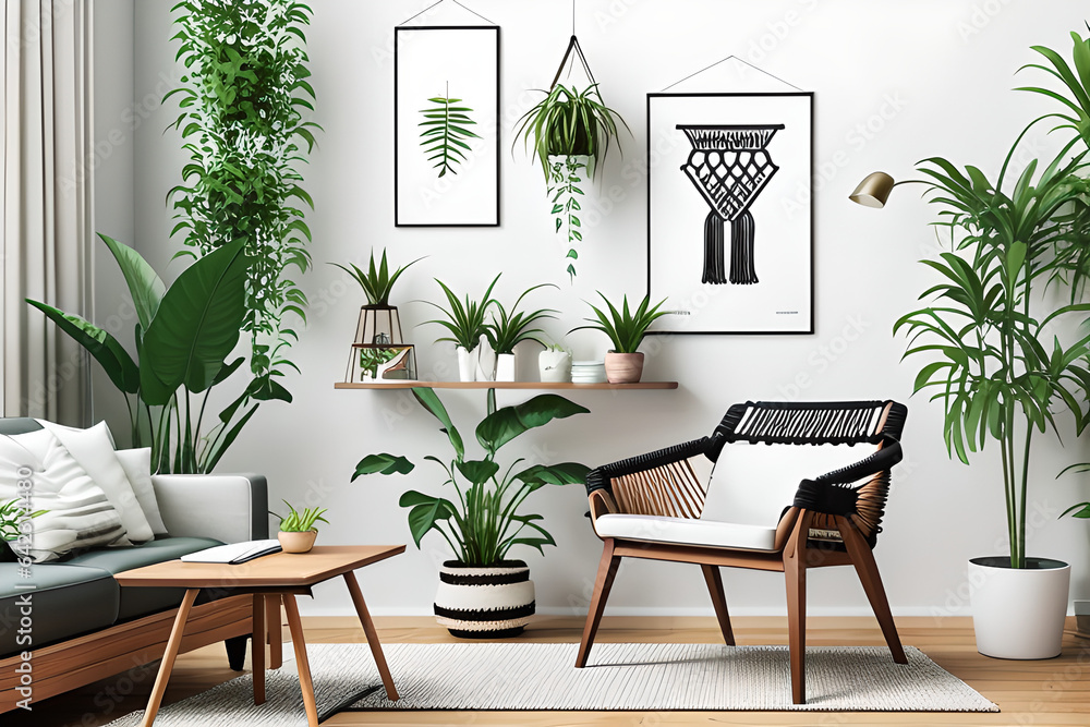 Design home interior of living room with stylish chair and wooden desk, plants, flowers, table lamp, mock up poster frame, macrame and elegant accessories. Medium shoot
