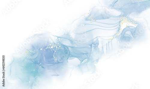 Abstract watercolor or alcohol ink art blue white background with golden crackers. Pastel blue marble drawing effect. llustration design template for wedding invitation,decoration, banner, background.