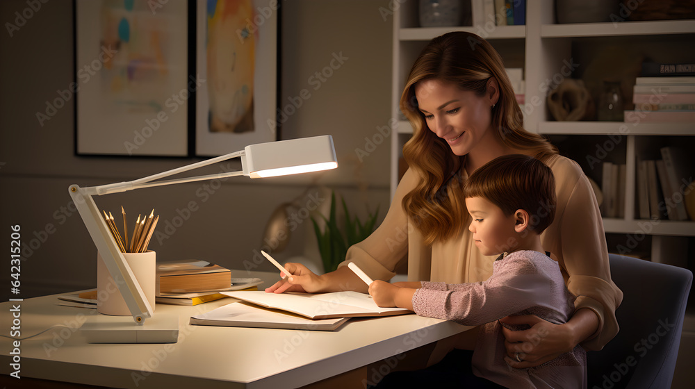 Mother helping her daughter counting and studying together in a house, adult woman helps her child doing homework Mother helping her daughter counting and studying together in a house, adult woman helps her child doing homework