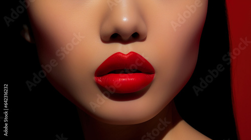 Close up of red lips of female on black background