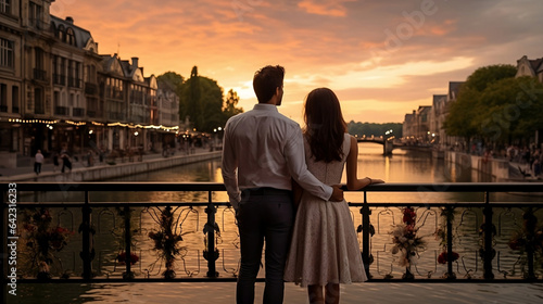 Romantic European Getaway: Couple Admiring River View in the City at Sunset