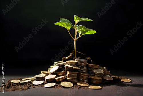 Stacked coins with dirt and plant