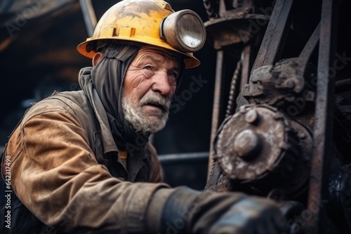 Photo of a worker in a hard hat holding a piece of machinery in a mining site