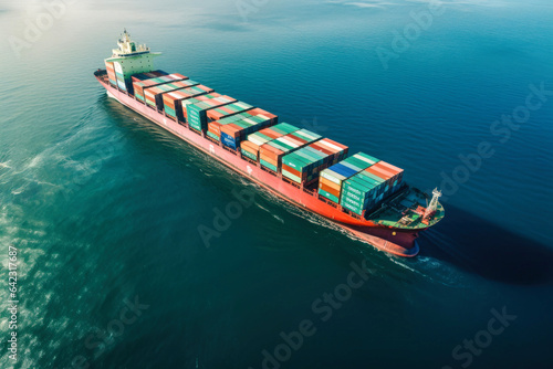 sea container ship moving on the sea, sunny day, aerial view