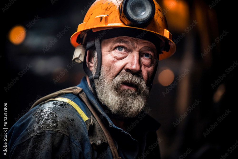 A bearded worker wearing a hard hat in a mining site A bearded worker wearing a hard hat in a mining site
