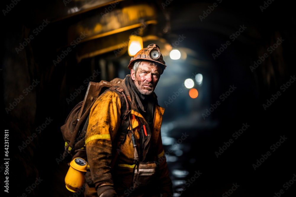 A firefighter standing in a tunnel wearing a fireman's uniform A firefighter standing in a tunnel wearing a fireman's uniform