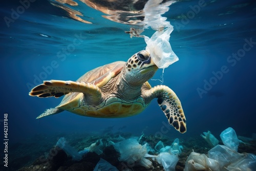 pollution of the world ocean, sea turtle swimming in dirty water, water contaminated with household garbage, plastic bags and bottles, environmental disaster
