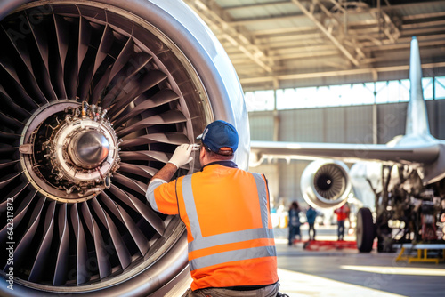 an aircraft technician is repairing a turbine, an engineer is wearing an orange signal vest photo