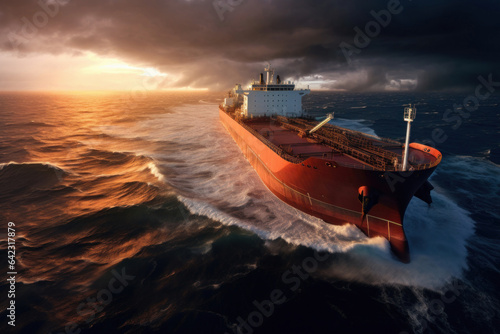 huge sea tanker sailing on the ocean, aerial view, dawn, severe storm © nordroden