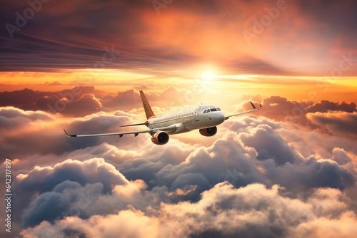 passenger plane flies above the clouds, against the background of the morning dawn