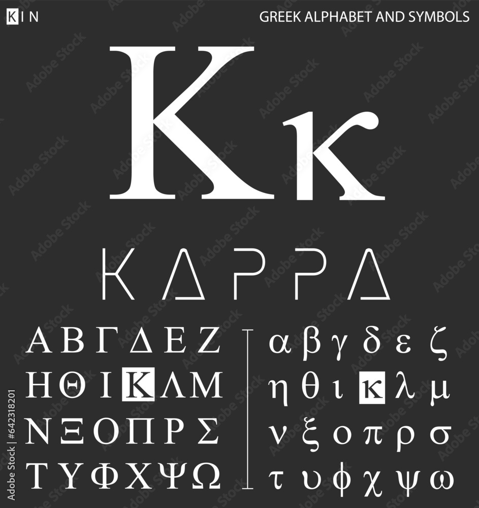 Greek alphabet and symbols, kappa letter with pronunciation. Stock