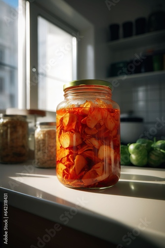 Homemade organic traditional Korean kimchi kale salad in a glass jar on the table. fermented vegetarian, canned food.
