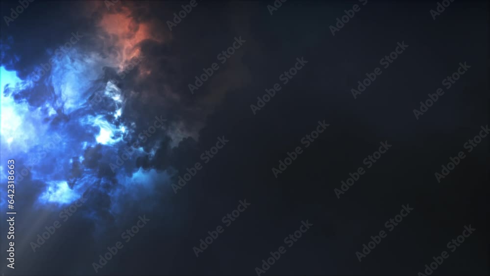 Lightning discharge and light effects in the clouds. Thunderclouds in bright flashes of lightning. Bad weather. Looped
