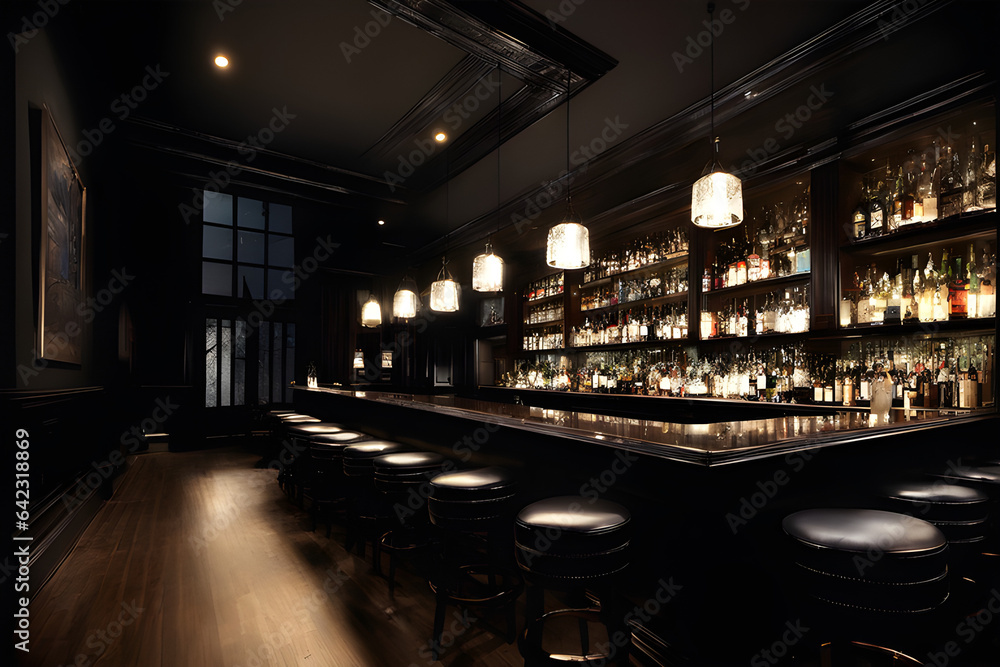 bar, inside, midnight, slightly dark, Clear quality, luxury, wide, Generative AI