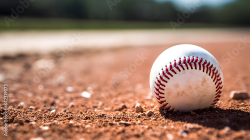 Baseball closeup macro shot on the pitch on red diamond sand