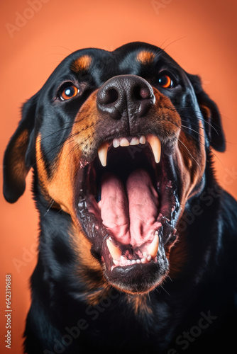 Portrait of an angry rottweiler on an orange background.