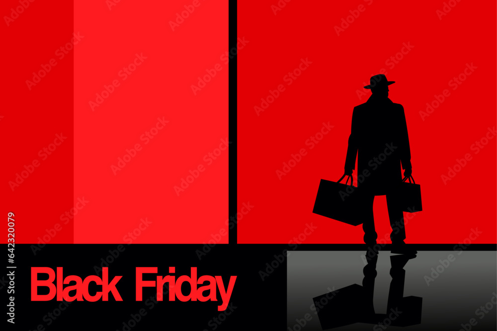silhouette of man standing with hat and bags in hands with red background for black friday silhouette of man standing with hat and bags in hands with red background for black friday