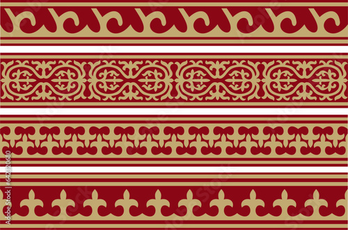 Vector red and gold seamless Kazakh national ornament. Ethnic endless pattern of the peoples of the Great Steppe, .Mongols, Kyrgyz, Kalmyks, Buryats. circle, frame border.