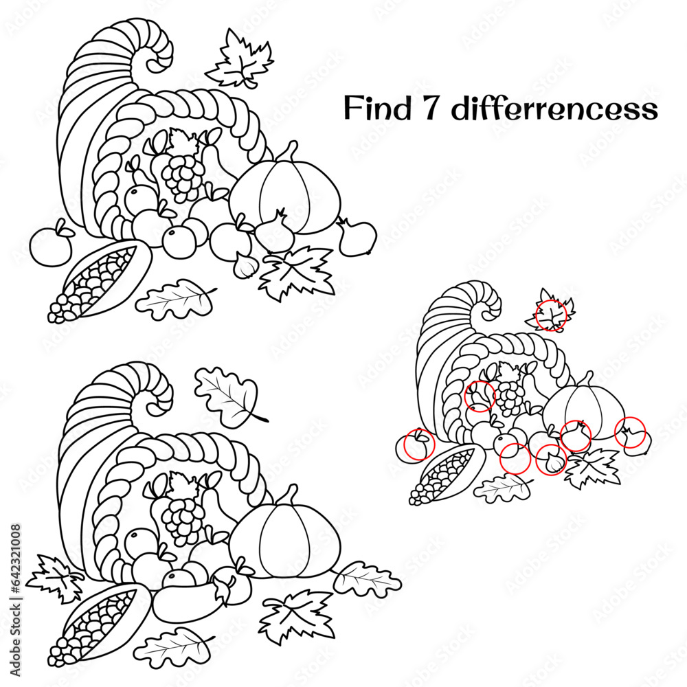 Cornucopia. Find 7 differences. Tasks for children. vector illustration