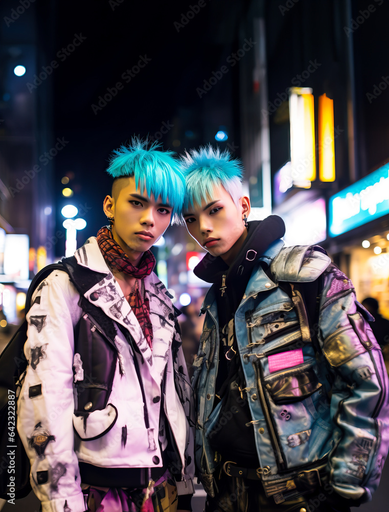 Boys or men, dressed as anime characters or Harajuku, pose at a cosplay gathering in Japan. Shallow field of view.