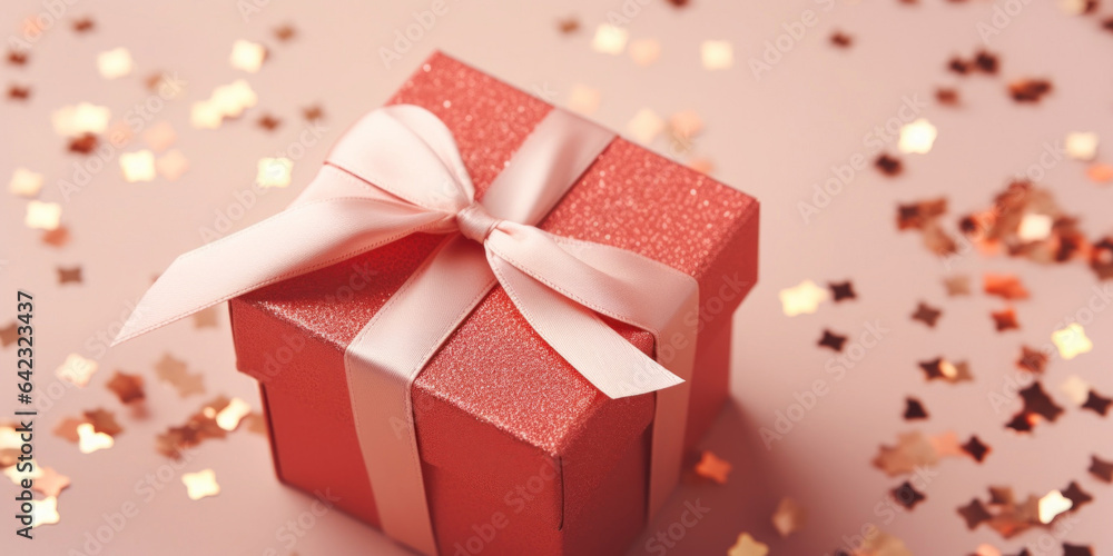 Pale red Gift box with a bow of golden ribbons close-up top view on pale beige background, many golden confetti Pale red Gift box with a bow of golden ribbons close-up top view on pale beige background, many golden confetti
