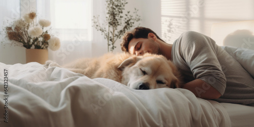 Dog with his owner in bed