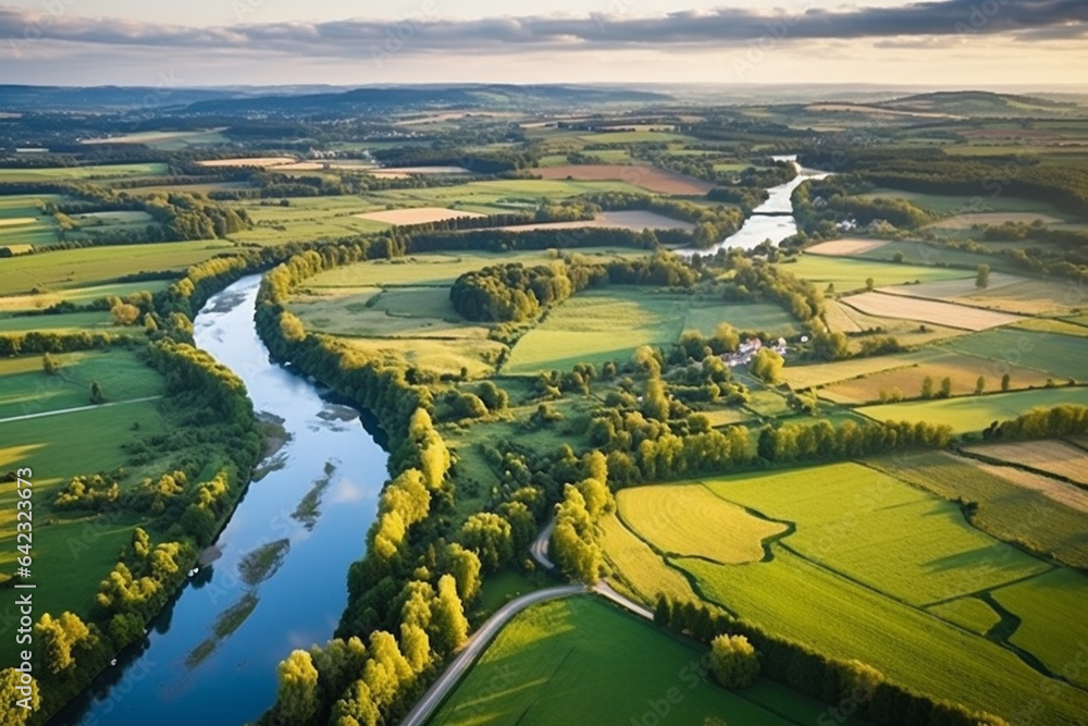 Aerial view of the river and forest. Beautiful summer landscape.