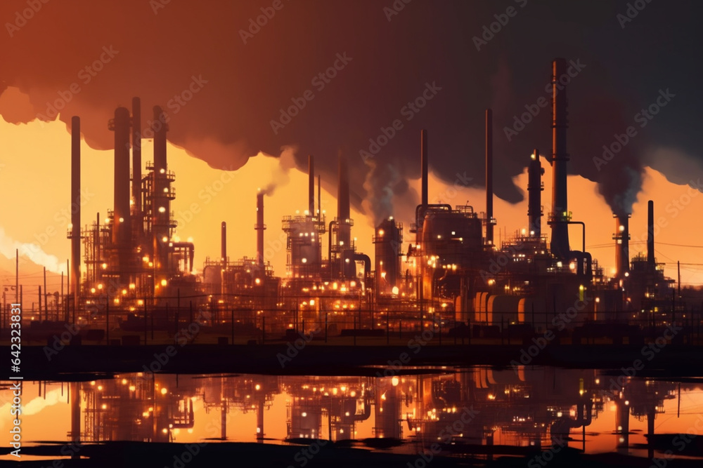 Oil refinery at sunset 3d render