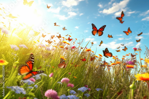 Summer meadow with wildflowers and butterflies. Nature background.