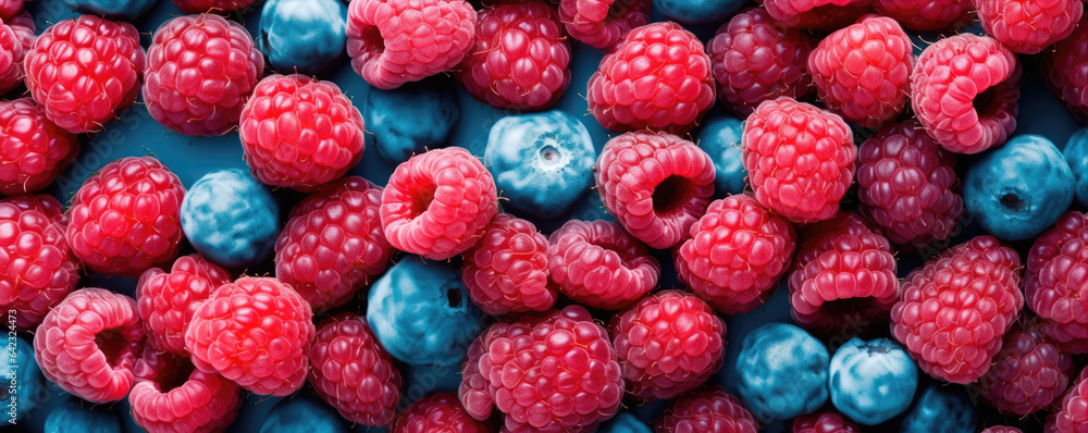 Blueberries and raspberries in wide banner. Fresh forest fruits Blueberries and raspberries in wide banner. Fresh forest fruits