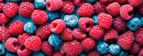 Blueberries and raspberries in wide banner. Fresh forest fruits