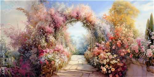 Flower multi - colored arch in the garden. High quality illustration