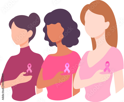 Three women with pink ribbons standing together. Breast cancer awareness month. Concept of support and solidarity with females fighting oncological disease.