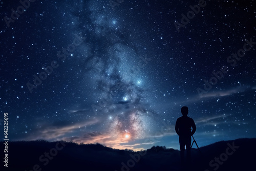 Silhouette of photographer with camera on tripod against night sky background