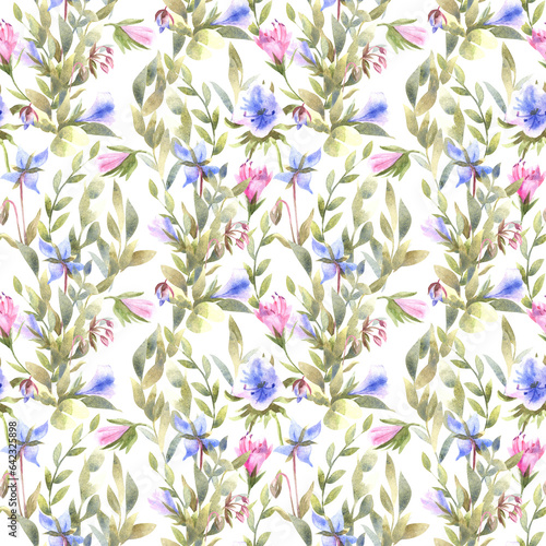 Watercolor seamless pattern of garden and meadow flowers