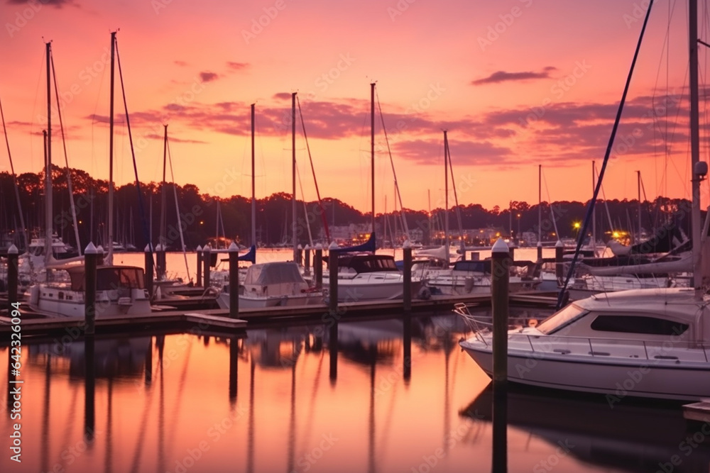 Boats and yachts moored to a pier at sunset