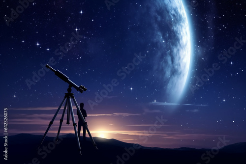 Silhouette of photographer with camera on tripod against night sky background