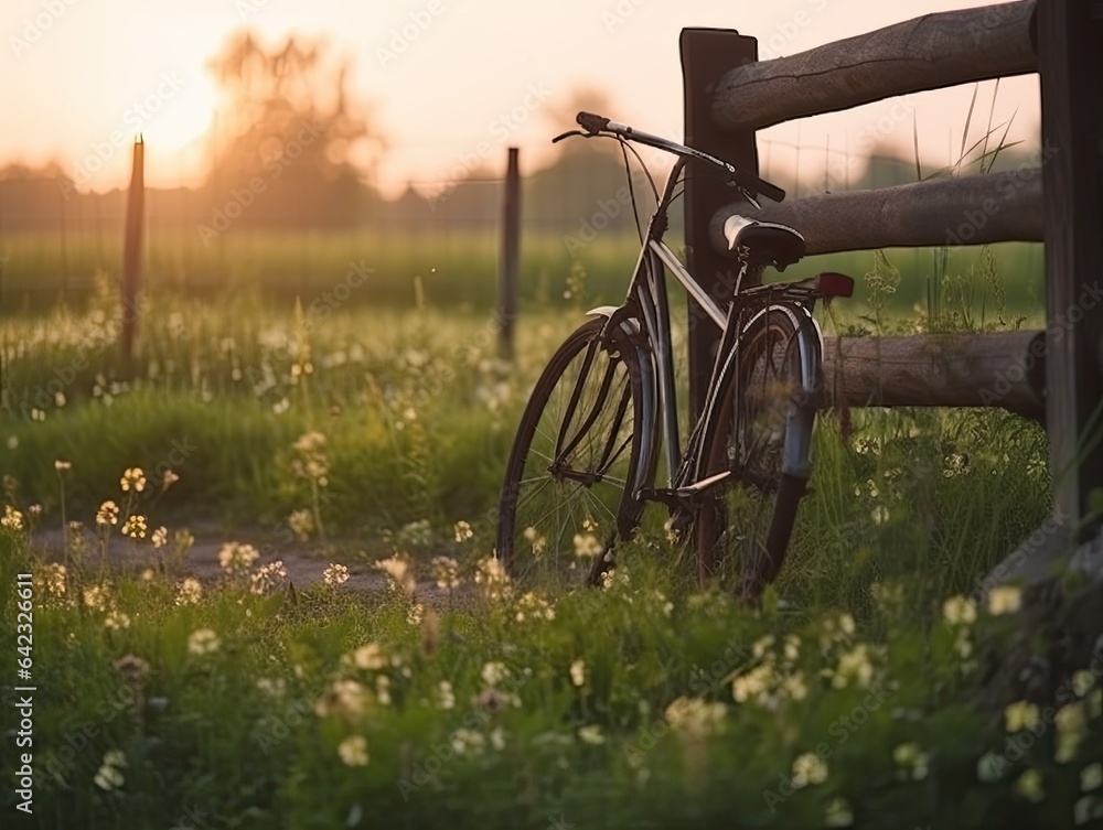 Naklejka premium bicycle against rustic landscape at summer